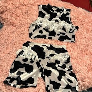 Fashion Brand Company Black & White Cow Print Fringe Two-Piece Set